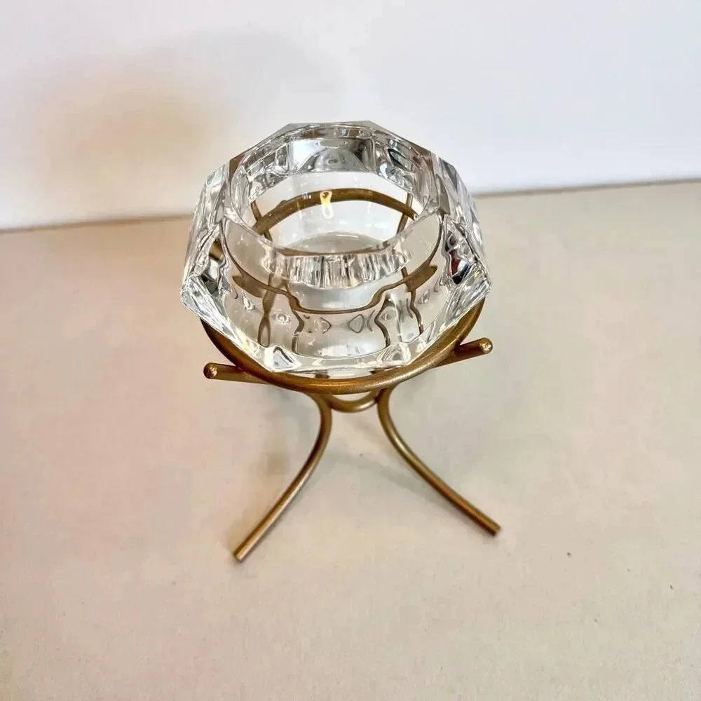 Vintage PartyLite Clear Heavy Glass Tealight Candle Holder Diamond on Gold Stand